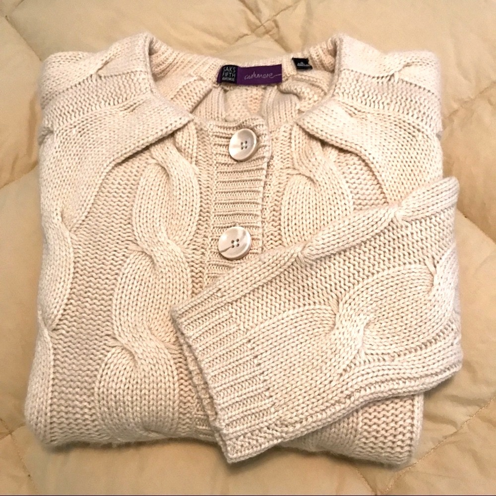 Saks Fifth Ave 100% Cashmere Long Cardigan Cable Chunky Knit Button Down Size S